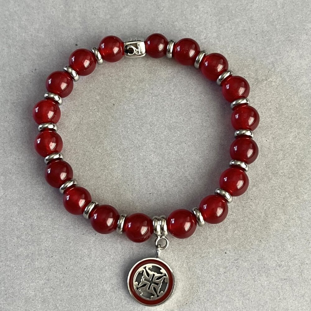 Rustic Cuff Gorgeous Natural Red Stone and Stainless Beads Stretch Bracelet